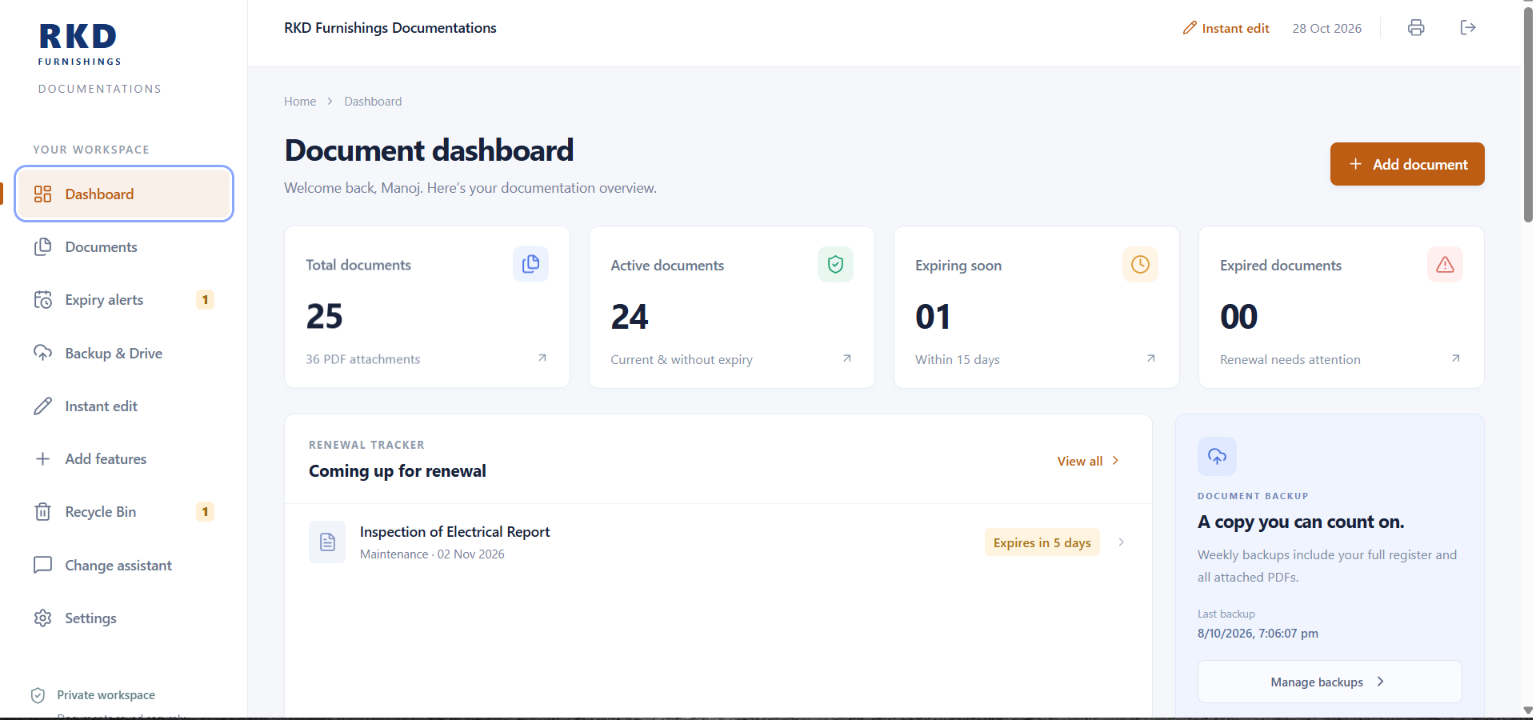 Actual RKD Furnishings software dashboard showing total documents, active documents and upcoming renewals